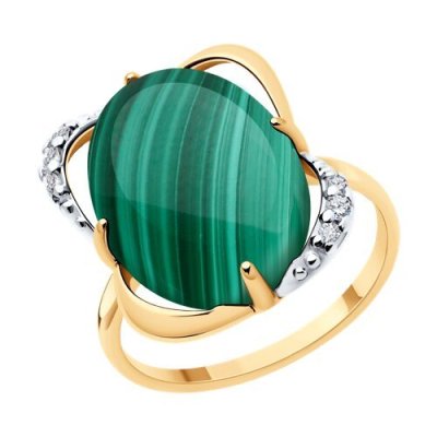 Кольцо из золочёного серебра с малахитом и фианитами (Арт.83010218)
