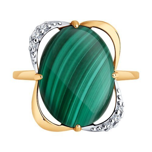 Кольцо из золочёного серебра с малахитом и фианитами (Арт.83010218)