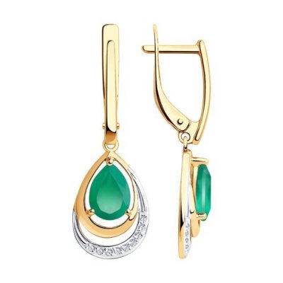 Серьги золото 585 с агатом и фианитами «Изумрудная капля» SOKOLOV (арт.5127)