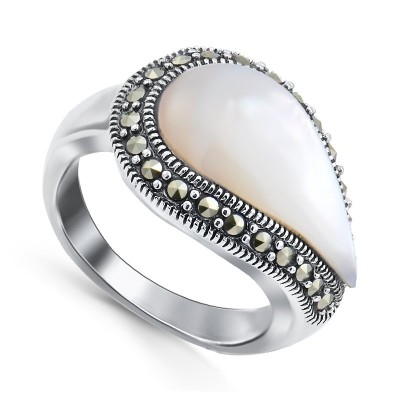 Кольцо серебряное с жемчугом и марказитом «Серебряные крылья» My Jewels (арт.2102)