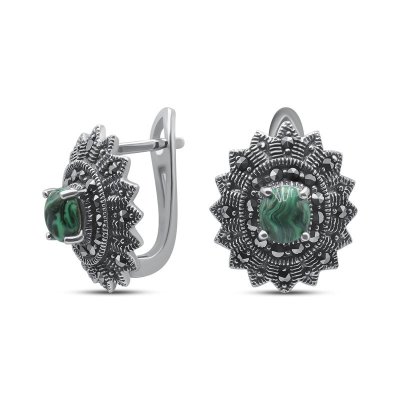 Серьги серебряные с малахитом и марказитом «Крылья грёз» MYJEWELS (арт.2239)