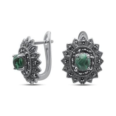 Серьги серебряные с малахитом и марказитом «Крылья грёз» MYJEWELS (арт.2239)