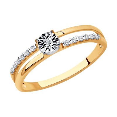 Кольцо из золочёного серебра с бриллиантом и фианитами (Арт.87010067)