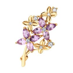 Брошь из золочёного серебра с аметистами и фианитами (Арт.93-340-02061-2)
