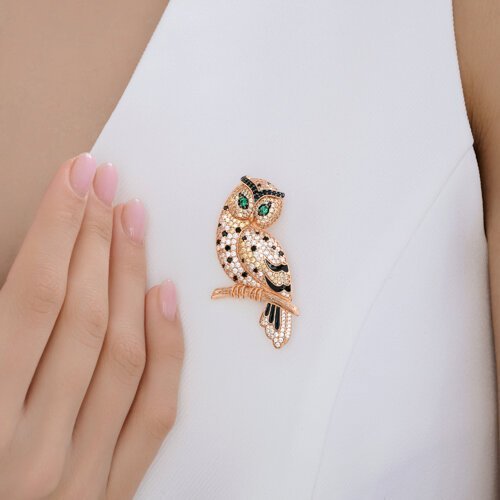 Брошь из золочёного серебра с фианитами и эмалью «Ночная Сова» Соколов (арт.93040054)