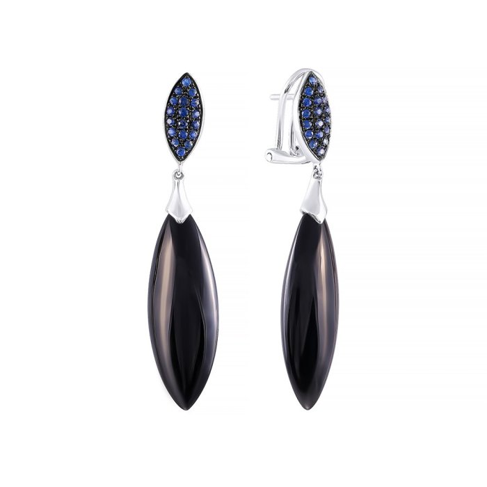 Серьги из белого золота с ониксом и сапфиром (Арт.aae_4189_sa_ox_wg)