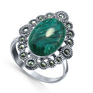 Кольцо серебряное с малахитом и марказитом «Крылья Изумрудной Ночи» MyJewels (арт.210823-39_malahitpr_markazit)