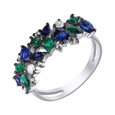 Кольцо из белого золота с бриллиантом и изумрудом (Арт.r14433e-s-dn_ko_em_em_em_sa_sa_sa_001_wg)