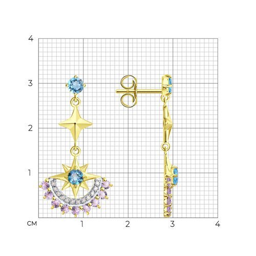 Серьги золотые пробы 585 с миксом камней (Арт.729246-2)