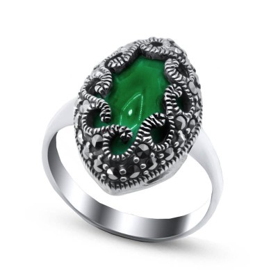 Кольцо серебряное с агатом и марказитом «Крылья ночи» MyJewels (арт.2105)