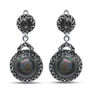 Серьги серебряные с жемчугом и марказитом «Крылья ночи» MyJewels (арт.221191e-39_perlamutr_markazit)