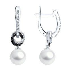 Серьги из серебра с синтетическим жемчугом и фианитами (Арт.94027069)