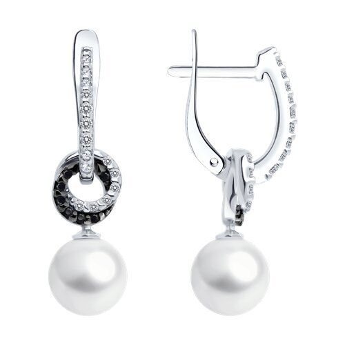 Серьги из серебра с синтетическим жемчугом и фианитами (Арт.94027069)