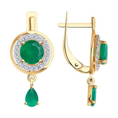 Серьги золотые с агатом и фианитами «Изумрудный Шик» Соколов (арт.01426)