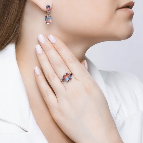 Кольцо из серебра с ситаллом и фианитами «Акварельный закат» SOKOLOV (арт.92011725)