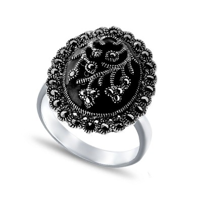 Кольцо серебряное с марказитом и эмалью «Крылья ночи» My Jewels (арт.2139)