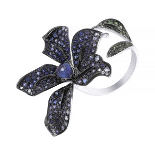 Кольцо белое золото с бриллиантами и сапфирами «Танец Ирисов» JV Gold (арт.R0002566A02)