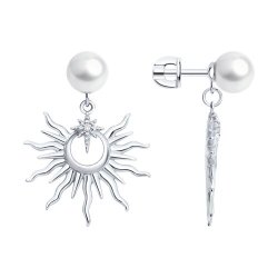 Серьги из серебра с синтетическим жемчугом и фианитами (Арт.94027329)
